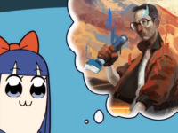 An edit of the character, Kim Kitsuragi from Disco Elysium, inserted into a thought bubble next to Pipimi from Pop Team Epic.