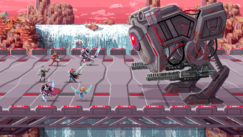 A large, forebording robot faces off a ragtag group of armed fighters of various appearances on a bridge over a waterfall.