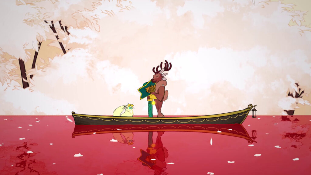 A young girl hugs an anthromorphic deer as they stand in a boat, floating across a red-tinted river.