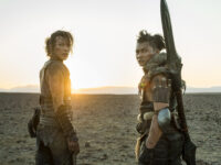 Two figures, a man and woman, wearing leather armor and bearing weapons, look towards the foreground as a sun behind them sets in a barren, desert landscape.