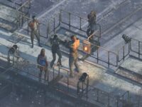Screenshot from the game Disco Elysium. An isometric view overlooking an industrialized setting as a group of figures stand around. Two of the figures stand in the center of the frame caught within a confrontational stance.