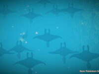 Art of a group of silhouetted Mantine, a manta ray inspired Pokemon, swimming against a solid, teal background.