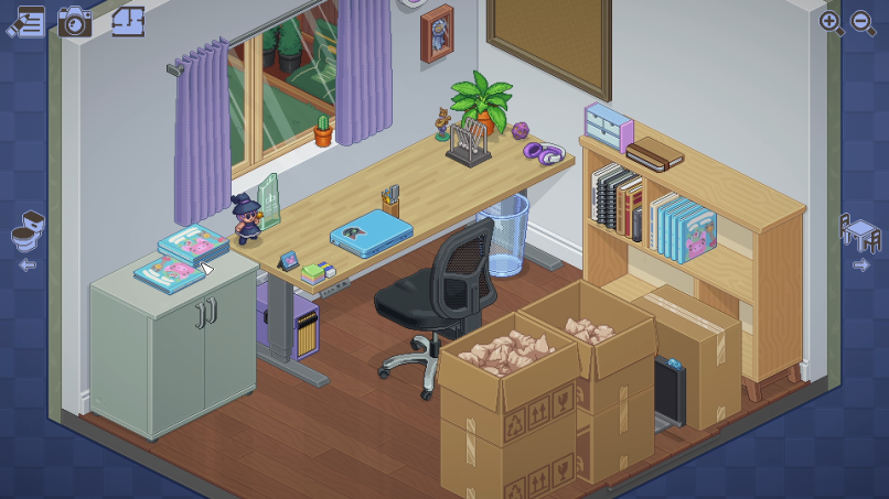 Screenshot from Unpacking. A pixel art style rendering of an office space, furnished with a bookshelf, cabinet, and a computer chair. A laptop rests on the working desk in front of the computer chair, faced with a window against the wall.