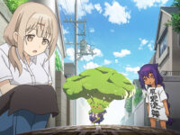Two characters from the anime The Great Jahy Will Not Be Defeated!, an adult blonde woman and a female child with mid-length purple hair, look towards the center of the foreground. An edit of an aanthropomorphic broccoli girl is added on top of the center of the frame towards the direction they are looking towards.