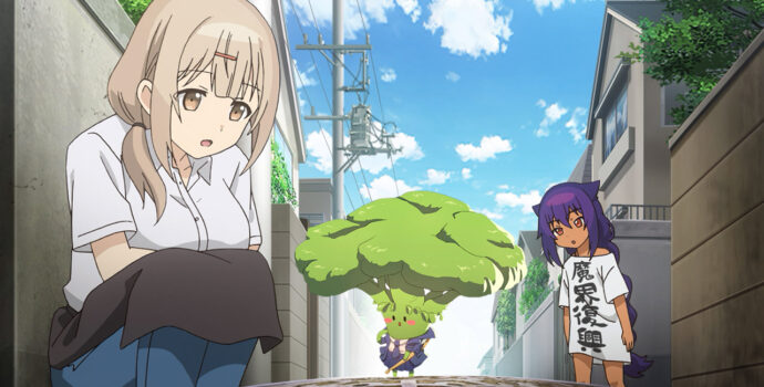 Two characters from the anime The Great Jahy Will Not Be Defeated!, an adult blonde woman and a female child with mid-length purple hair, look towards the center of the foreground. An edit of an aanthropomorphic broccoli girl is added on top of the center of the frame towards the direction they are looking towards.