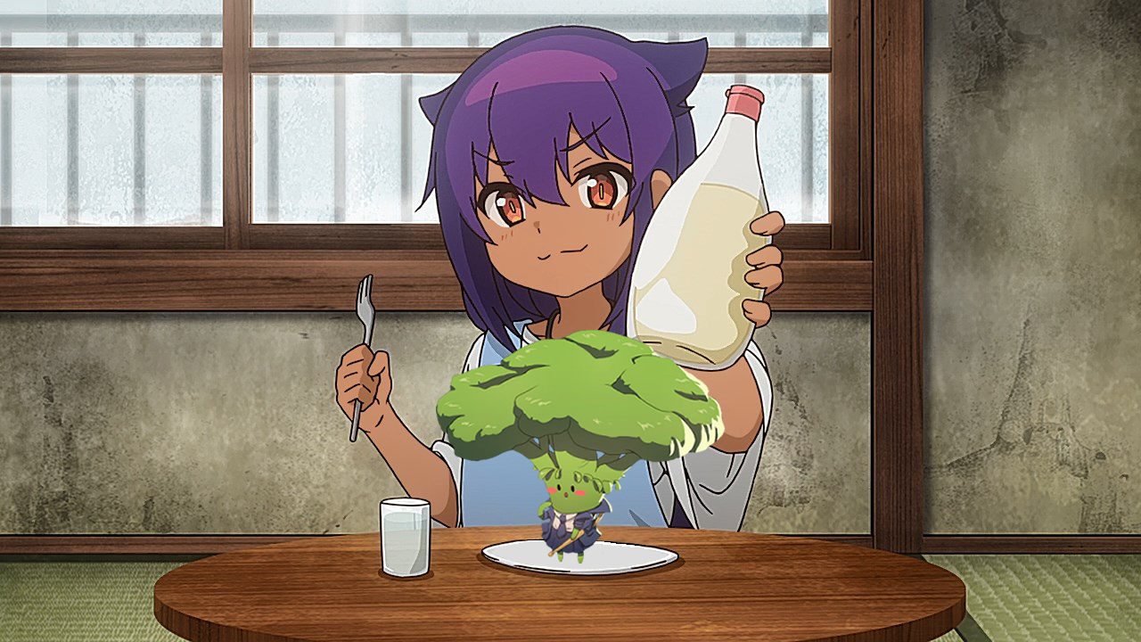 Jahy, from the anime The Great Jahy Will Not Be Defeated!, a young girl with mid-length purple hair and tan skin, wears a smug expresion while holding a bottle of mayonnaise towards the viewer. An edit of an aanthropomorphic broccoli girl is added on top of a plate in front of her.