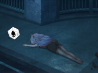 Screenshot from the anime, Science Fell in Love, So I Tried to Prove It, with a graphic element from the Wintermoor Tactics Club title edited over it. A young woman with long hair and wearing a blouse, black pencil skirt, and a pair of sheer black stockings lies face down on a pavement surface. A pair of heels are strewn about, a distance behind her feet. In front of her body, the image of an illustrated polyhedral 20-sided die with a black bird on one of its faces is edited on top of the scene.