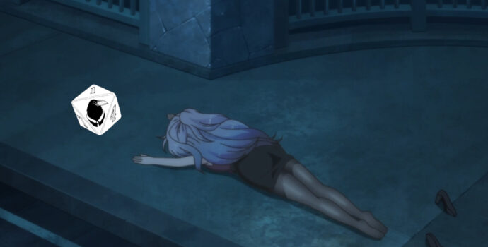 Screenshot from the anime, Science Fell in Love, So I Tried to Prove It, with a graphic element from the Wintermoor Tactics Club title edited over it. A young woman with long hair and wearing a blouse, black pencil skirt, and a pair of sheer black stockings lies face down on a pavement surface. A pair of heels are strewn about, a distance behind her feet. In front of her body, the image of an illustrated polyhedral 20-sided die with a black bird on one of its faces is edited on top of the scene.