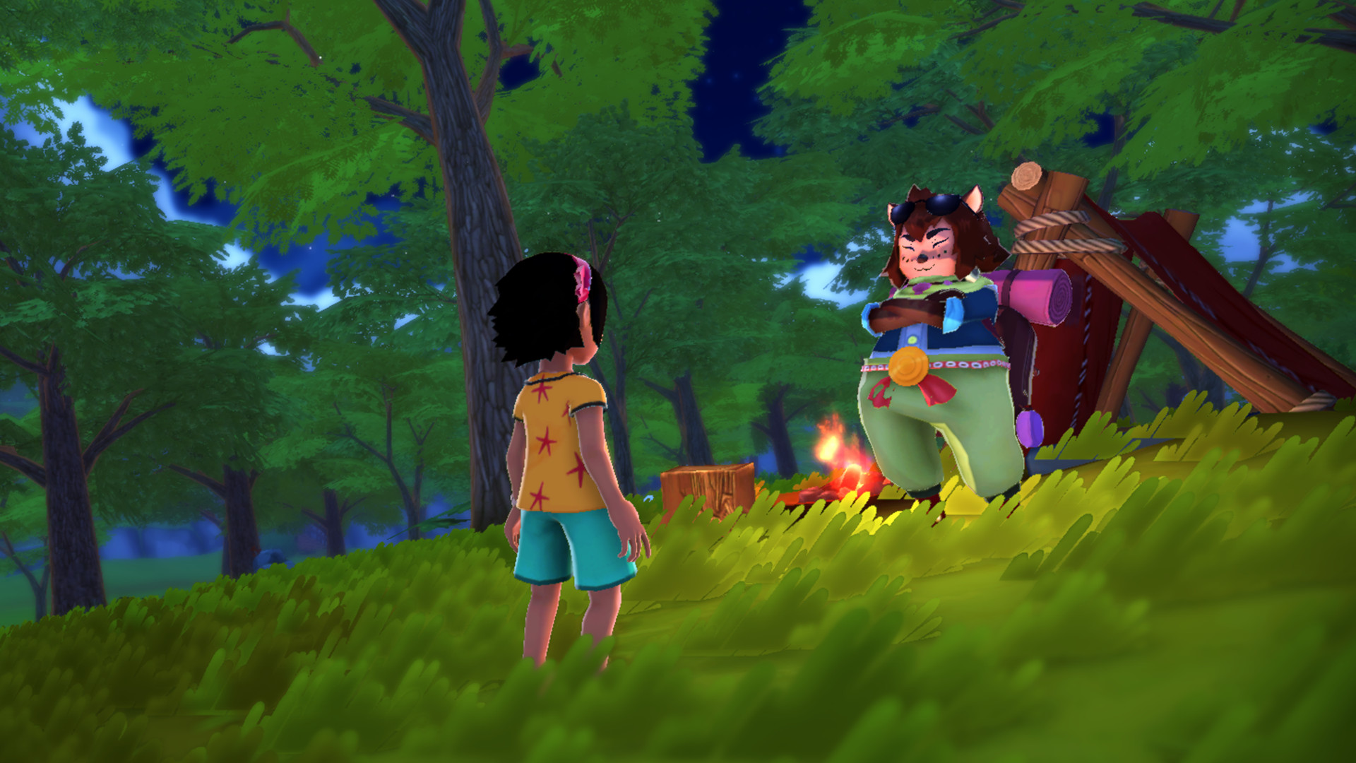 Screenshot from Summer in Mara. A young girl wearing a yellow shirt and blue shorts, looks towards an anthropomorphic, cat-like humanoid standing in front of various wares. A fireplace sits between them. 