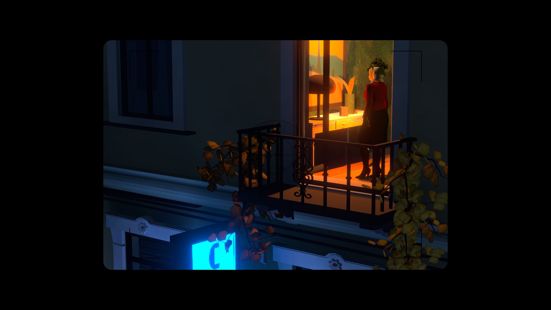 Screenshot from The Flower Collectors. A first person perspective view of a balcony. A woman stands further in the background of a warmly lit room. A black vignette frames the scene. 