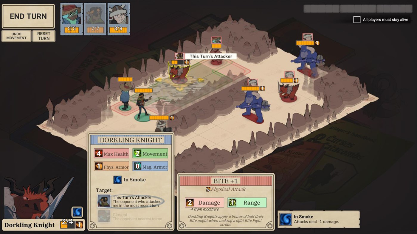 Screenshot of Wintermoor Tactics Club's combat. UI elements featuring names and other statistics pepper the screen. Various characters are positioned on an isometric, cavern-like map. 