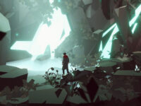 Screenshot from OPUS: Echo of Starsong. A male figure wearing a long coat stands before a glowing light, emitting from an opening in the midst of several rock and cavernous structures.