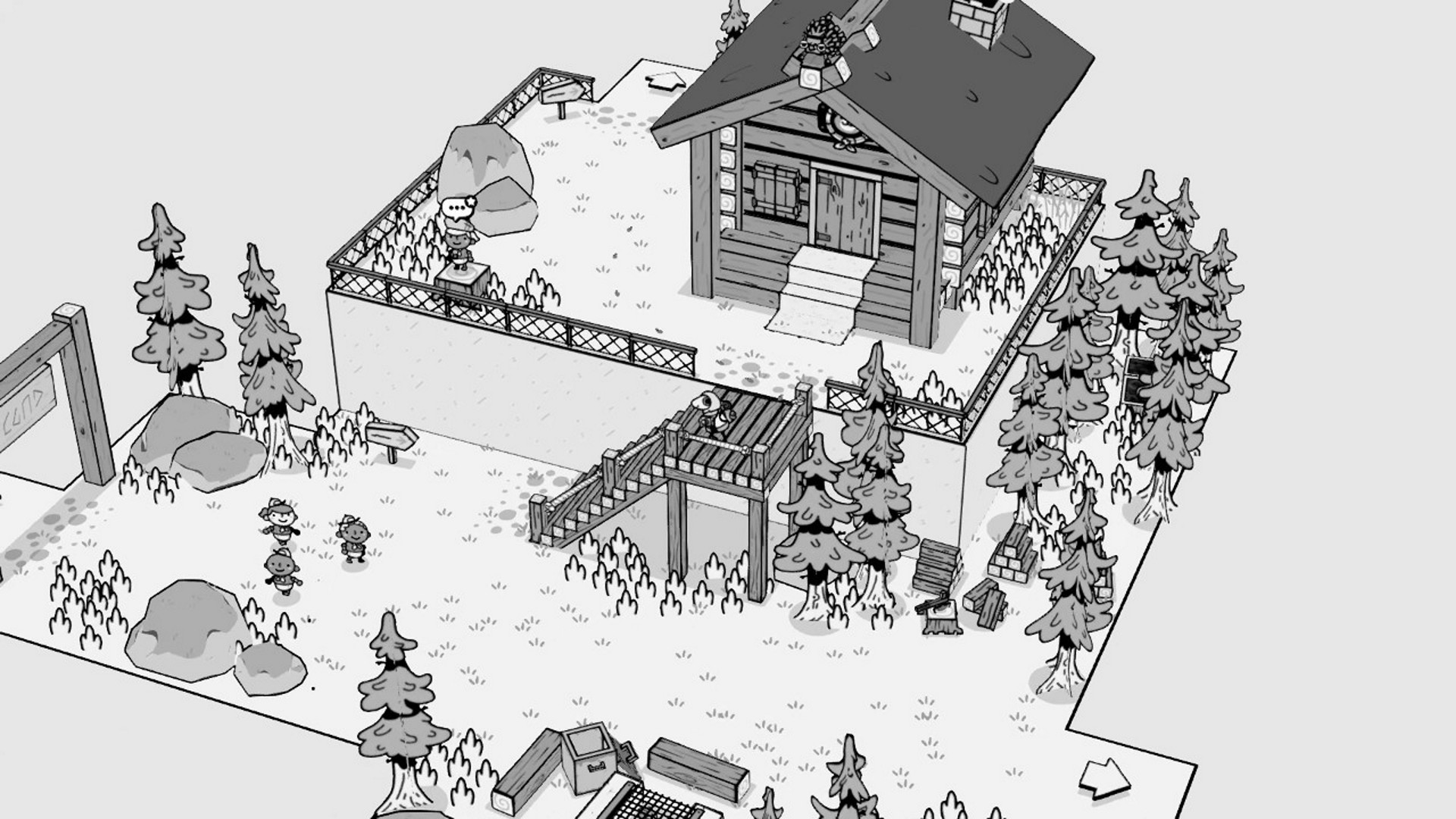 Screenshot from TOEM. A bird's eye view of camping grounds with a wooden lodge in a forest clearing, as small figures stand around the scene. The scene is rendered in black and white.