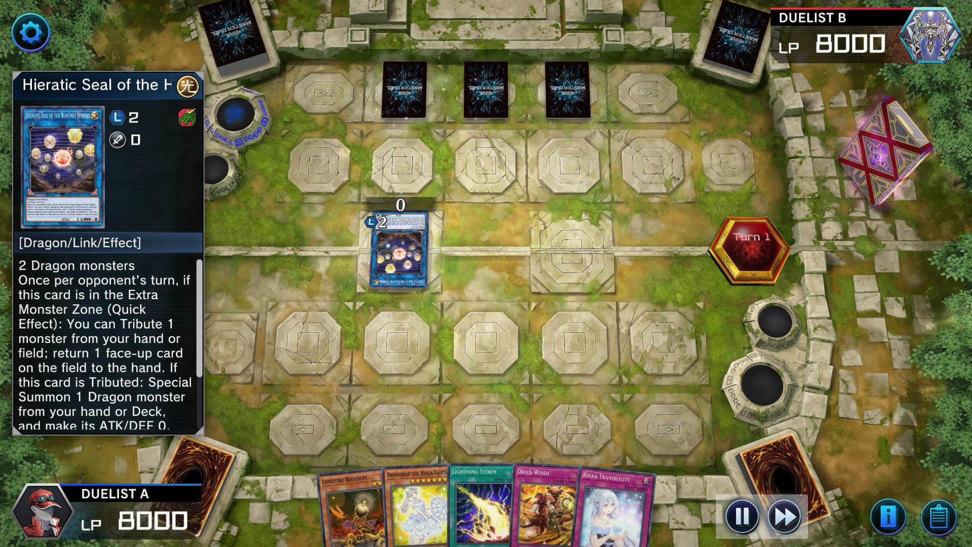 A screenshot of gameplay from Yu-Gi-Oh! Master Duel. A top-down perspective view over a sparsely grassy floor with stone tiling in a nondescript, outdoor setting where cards are being played. Various UI elements frame the screen.