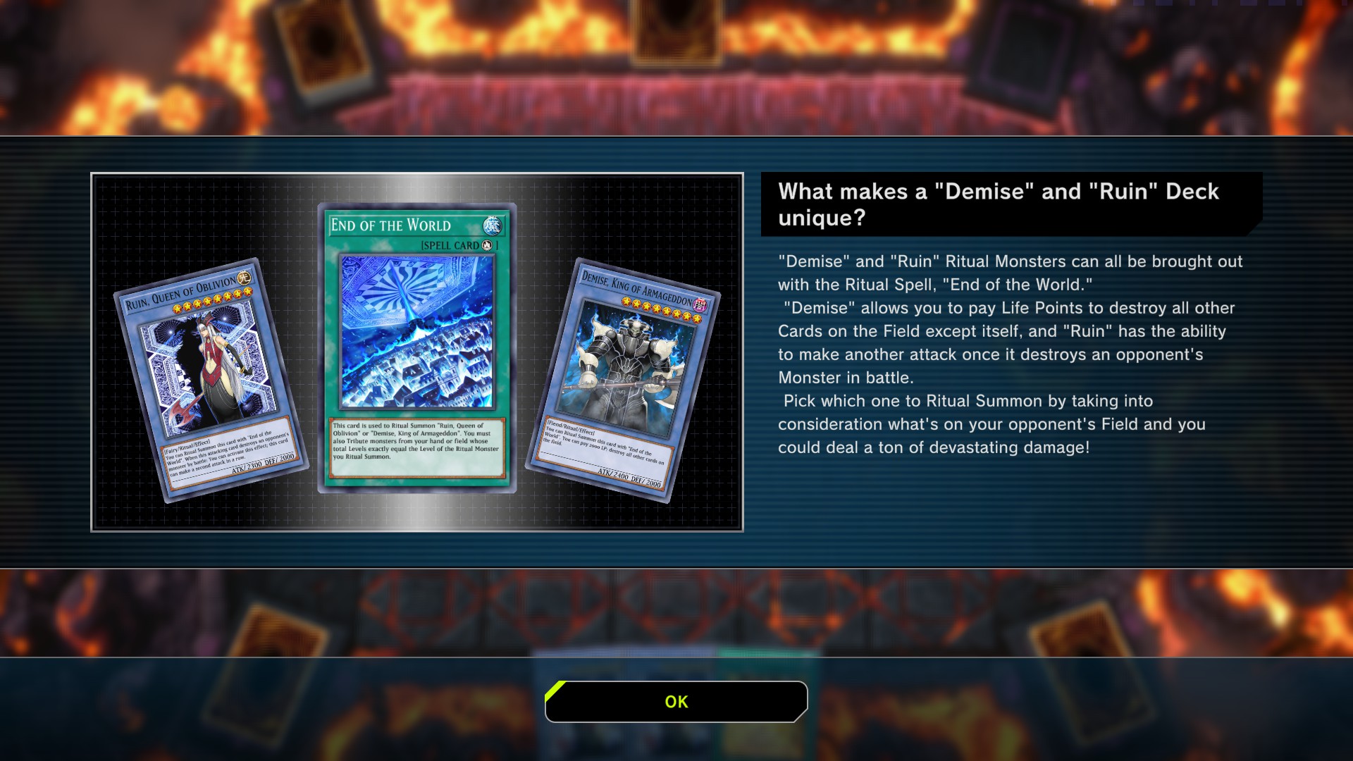 A screenshot of gameplay from Yu-Gi-Oh! Master Duel. A textblock featuring a visual of three cards explaining the differences between types of decks.