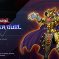 Screenshot of the title screen for the game, Yu-Gi-Oh! Master Duel. A stylized, humanoid figure wearing exuberant, gold-plated armor and accessories poses with their palms open, standing next to the title text.