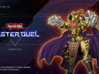 Screenshot of the title screen for the game, Yu-Gi-Oh! Master Duel. A stylized, humanoid figure wearing exuberant, gold-plated armor and accessories poses with their palms open, standing next to the title text.