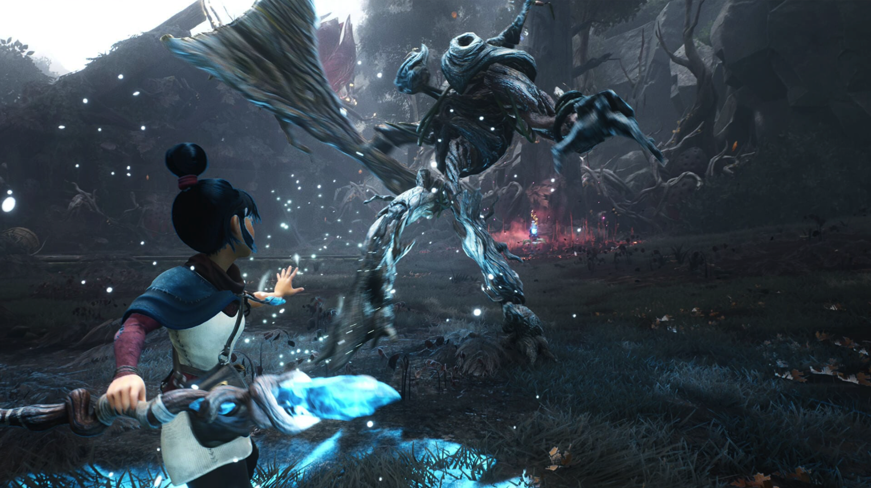 An over the shoulder view of a young woman fighting a tall, tree-like monster in a forest clearing. She has one hand pointed towards the creature, while she holds a glowing, blue wooden staff in her other hand.