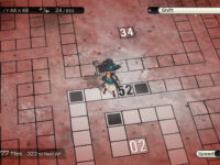 A top-down perspective view of a sparse, minimalist map comprising of winding paths made up of a squares. A witch character has been edited to stand over one of the squares, and they are holding a dagger in one of her hands.