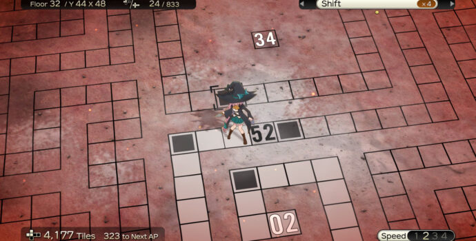 A top-down perspective view of a sparse, minimalist map comprising of winding paths made up of a squares. A witch character has been edited to stand over one of the squares, and they are holding a dagger in one of her hands.