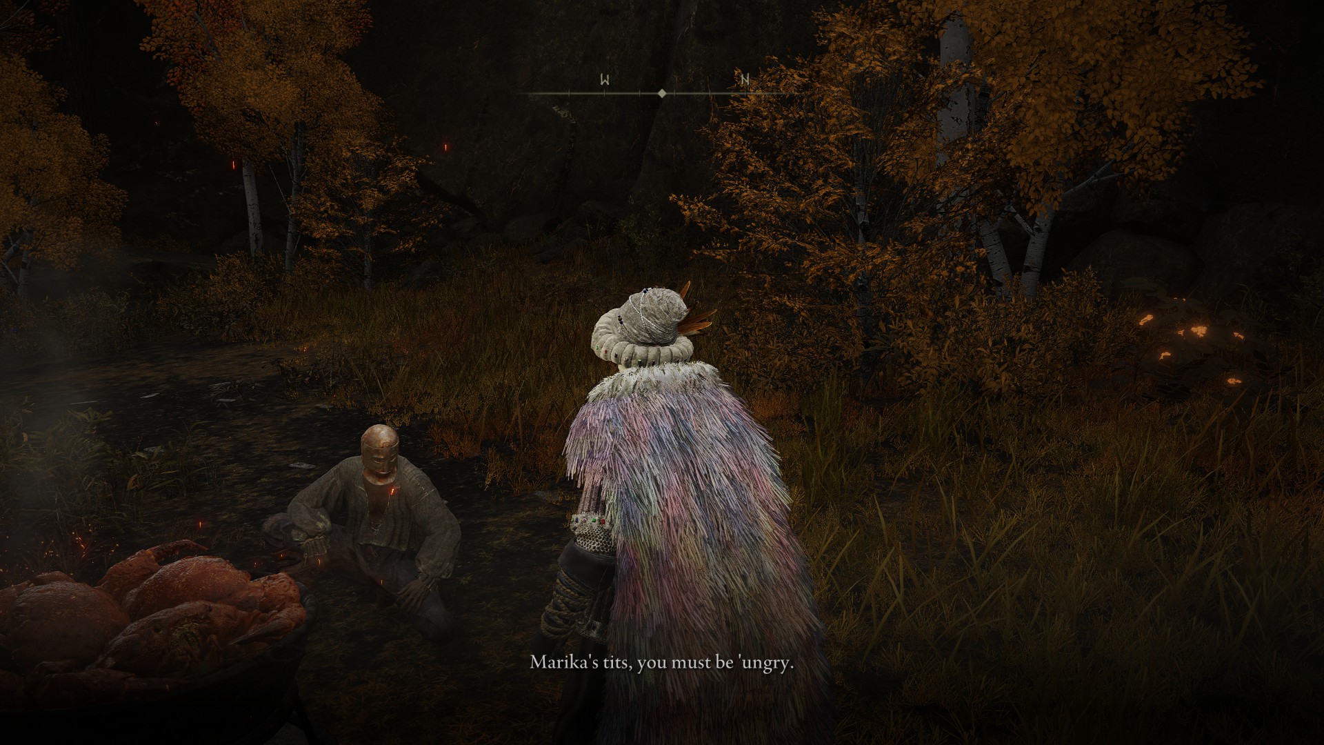 Screenshot from Elden Ring: a player character talks with Blackguard Big Boggart, who exclaims "Marika's tits, you must be 'ungry."