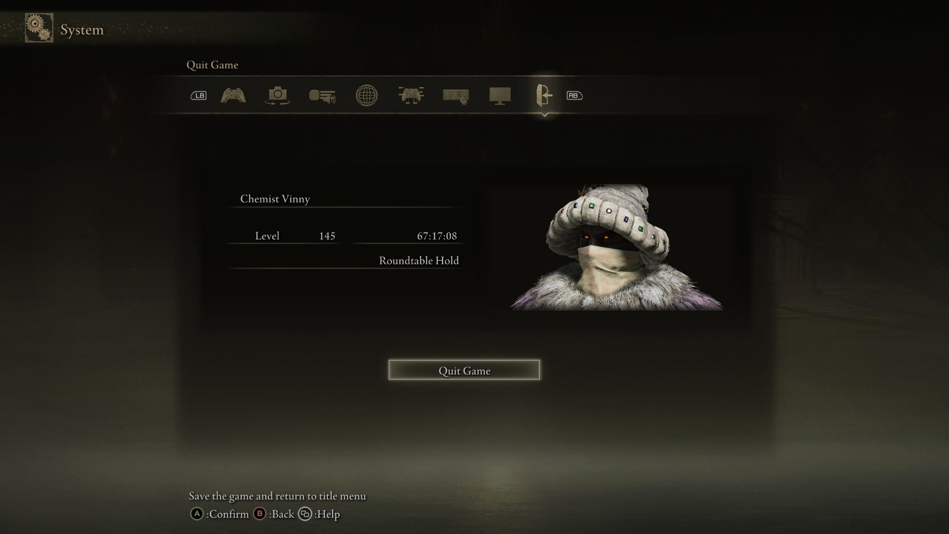 Screenshot from Elden Ring: The "Quit Game" menu from the Chemist Run file, which reads the character name and level: "Chemist Vinny, Level 145," and which lists the total playtime: 67 hours 17 minutes and 8 seconds.