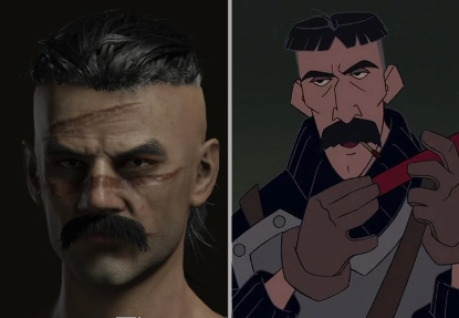 Side-by-side visual comparison of an Elden Ring character and Vinny Santorini from Disney's "Atlantis" animated film.