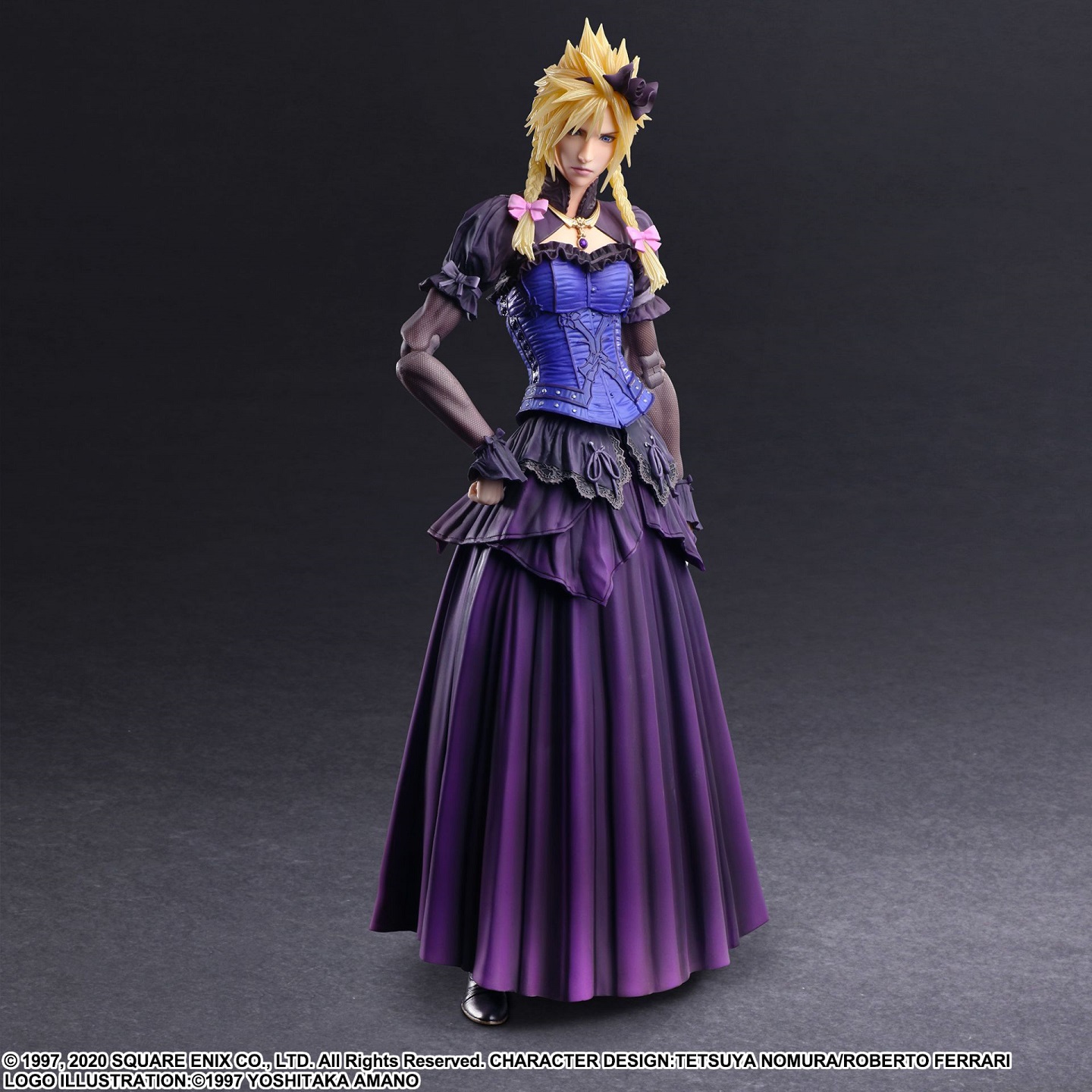 A toned, masculine human stands with a firm look and one hand on their hip, wearing a dress with a bright blue bodice, and dark purple embellishments and skirt. They have blonde, spikey hair with braided pigtails coming from the sides. 