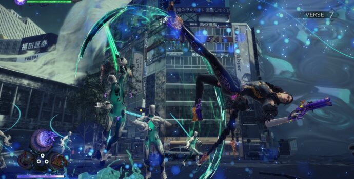 Screenshot of gameplay in Bayonetta 3. A woman wearing glasses and a form-fitting, black bodysuit and heels is flipping mid-air while holding a pair of guns. Faceless, humanoid monsters are pursuing her. Various tall buildings with Japanese signage and billboards stand in the background.