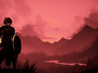 Key art for The Vale: Shadow of the Crown. A digital painting render of a young woman with loosely tied up hair, wearing armor and holding a sword and shield. She is casted in shadow. She stands against an open enviroment with a river behind her and mountains towering in the background. The artwork uses a monochromatic, red color palette.
