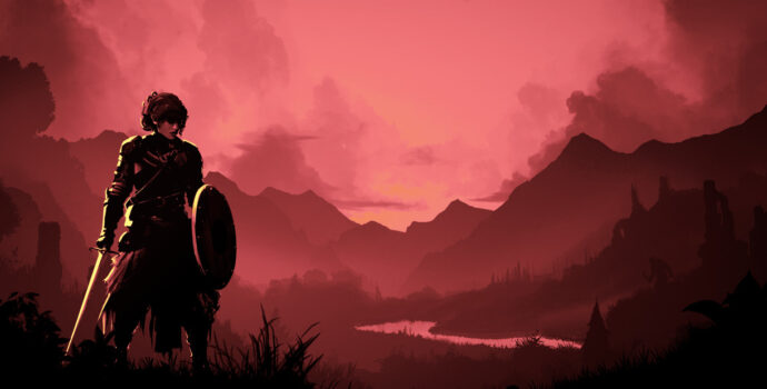 Key art for The Vale: Shadow of the Crown. A digital painting render of a young woman with loosely tied up hair, wearing armor and holding a sword and shield. She is casted in shadow. She stands against an open enviroment with a river behind her and mountains towering in the background. The artwork uses a monochromatic, red color palette.