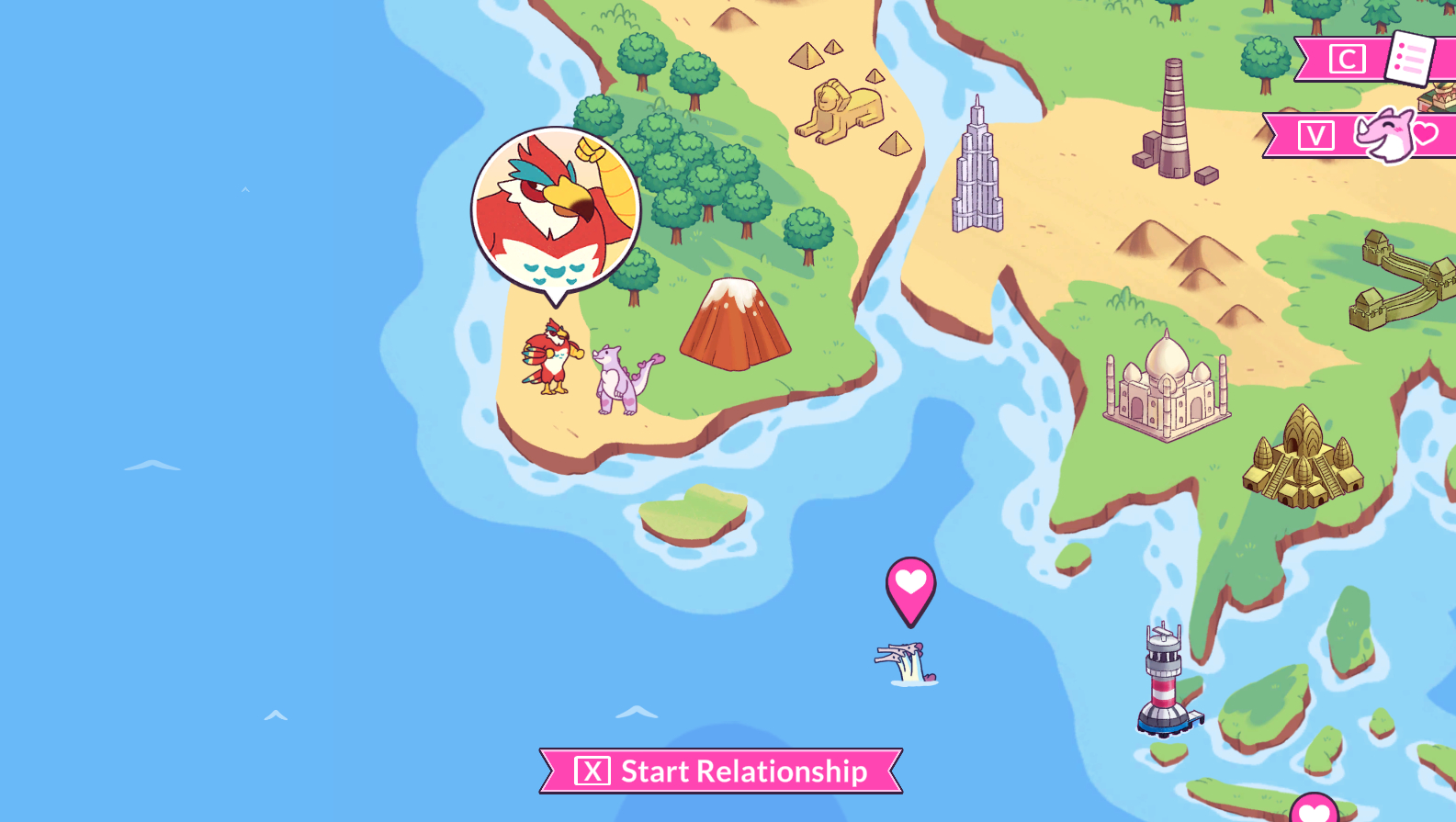 Screenshot from Kaichu - A Kaiju Dating Sim. A rendering of a bird's-eye view of map. Miniature renderings of monuments and landmarks are peppered around the map. The two small figures of a bird-like humanoid and a reptilian creature stand on one of the land masses. A pink-colored button "Start Relationship" sits at the bottom of the image.
