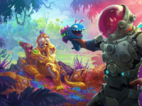 A vibrant colored, cartoonish, digitally painted image of a humanoids standing in a fantasical forest clearing, wearing a spacesuit. They are holding a gun towards a group of other humanoids lying on the ground, two of which appear unconscious and one upright and frightened.